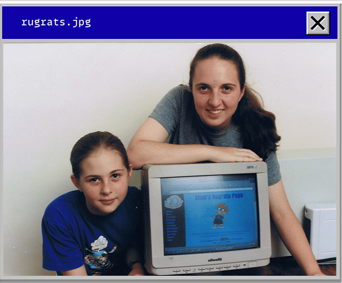 A photo of me and my sister, posing in front of an old CRT monitor which is displaying Elise's Rugrats Page